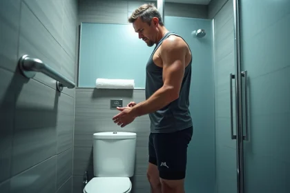 Homme en tenue de sport dans une salle de bain moderne