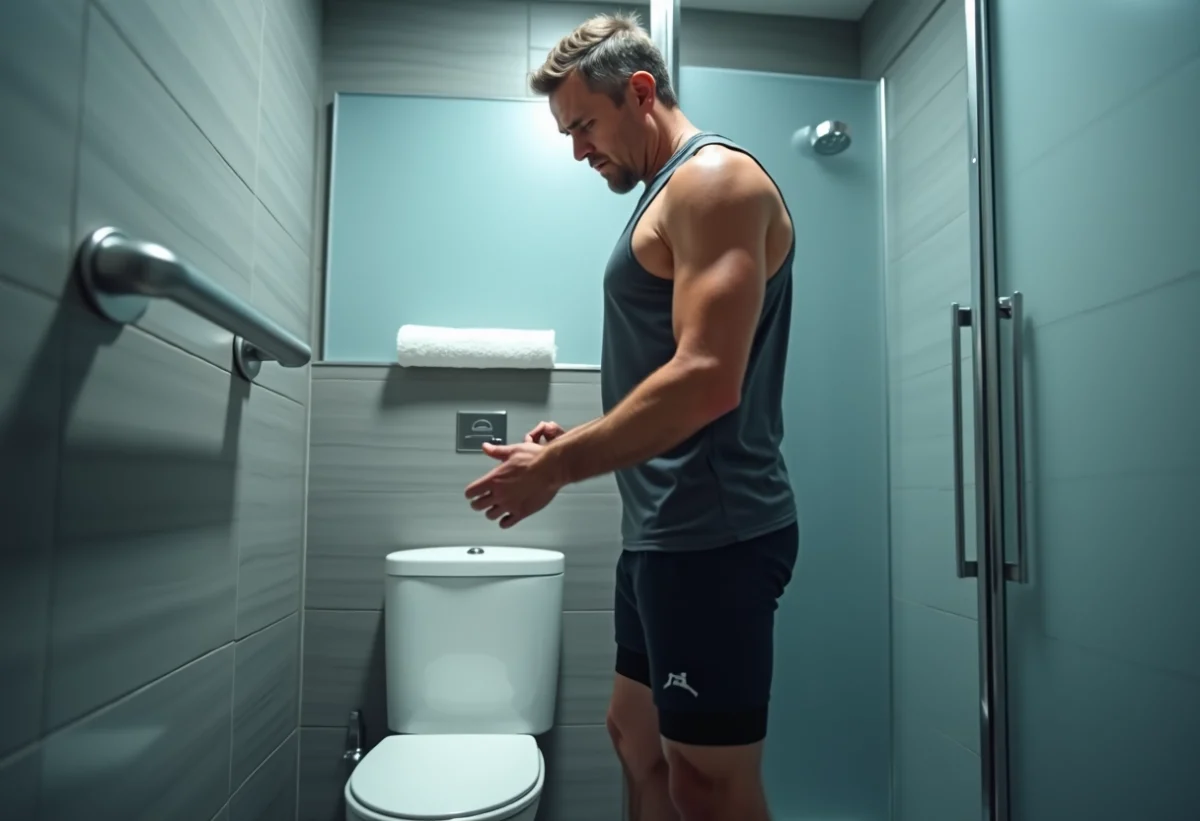 Homme en tenue de sport dans une salle de bain moderne
