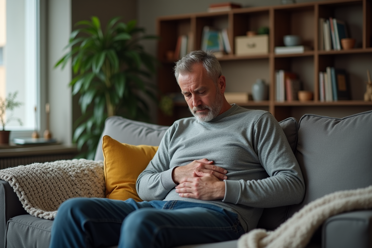 Homme malade assis sur un canapé dans un salon