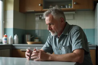 Homme d'âge moyen dans une cuisine modeste