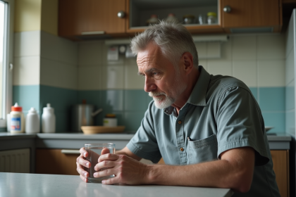 Homme d'âge moyen dans une cuisine modeste