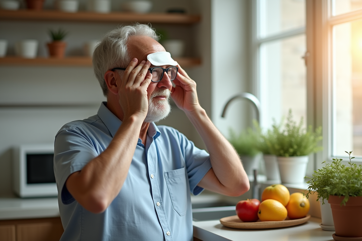Homme senior dans une cuisine moderne avec glace sur le front