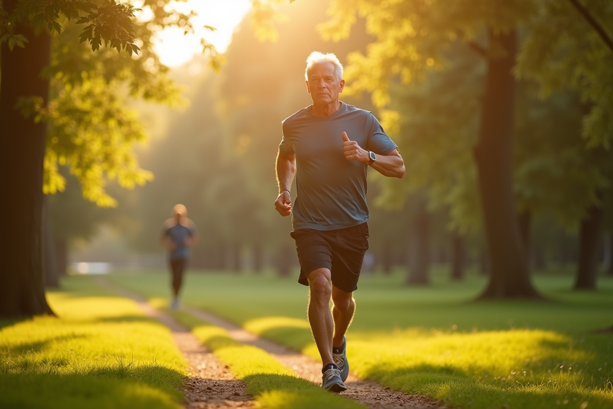 Homme senior courant dans un parc en pleine nature