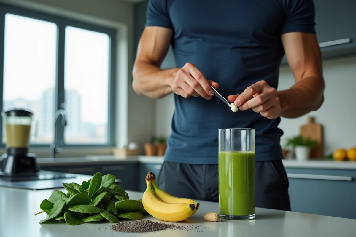 Homme préparant un smoothie vert avec des ingrédients naturels et un complément alimentaire sur un comptoir de cuisine moderne