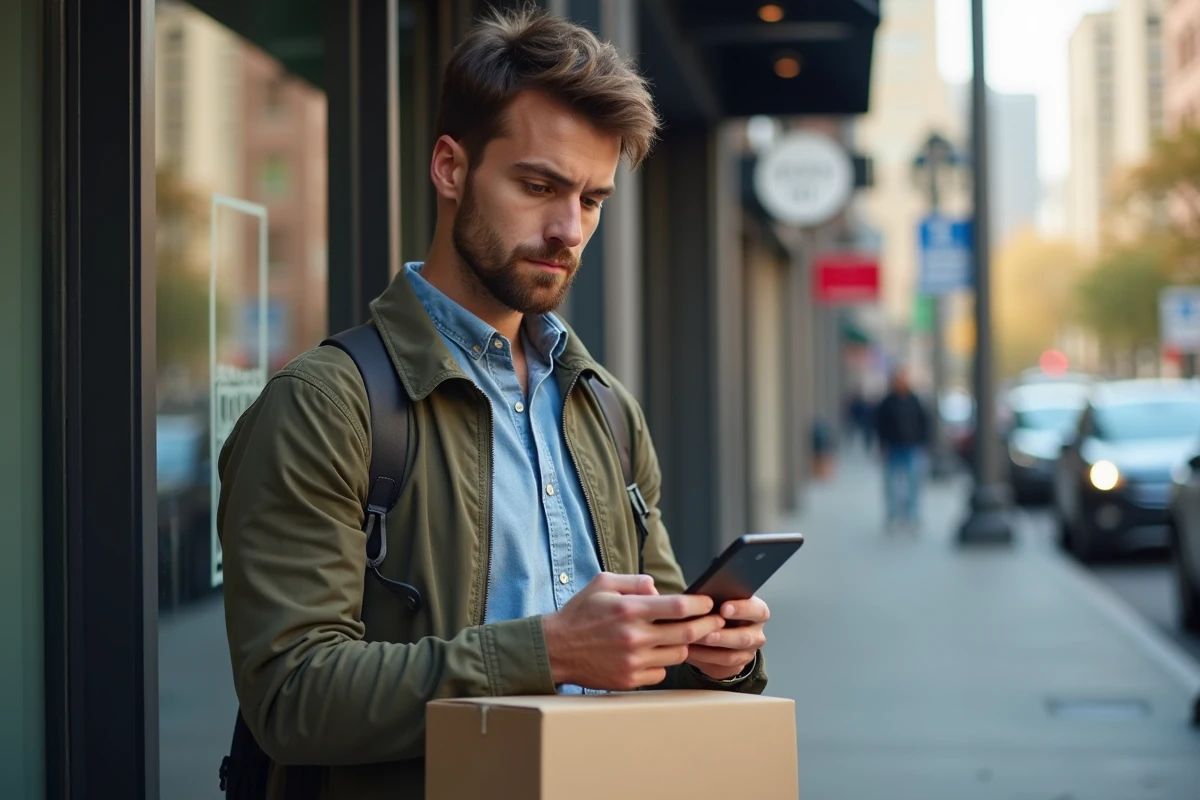 Homme regardant son téléphone dans une rue urbaine