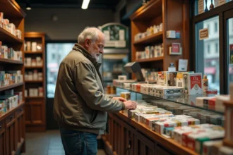 Homme belge dans une boutique de tabac urbaine