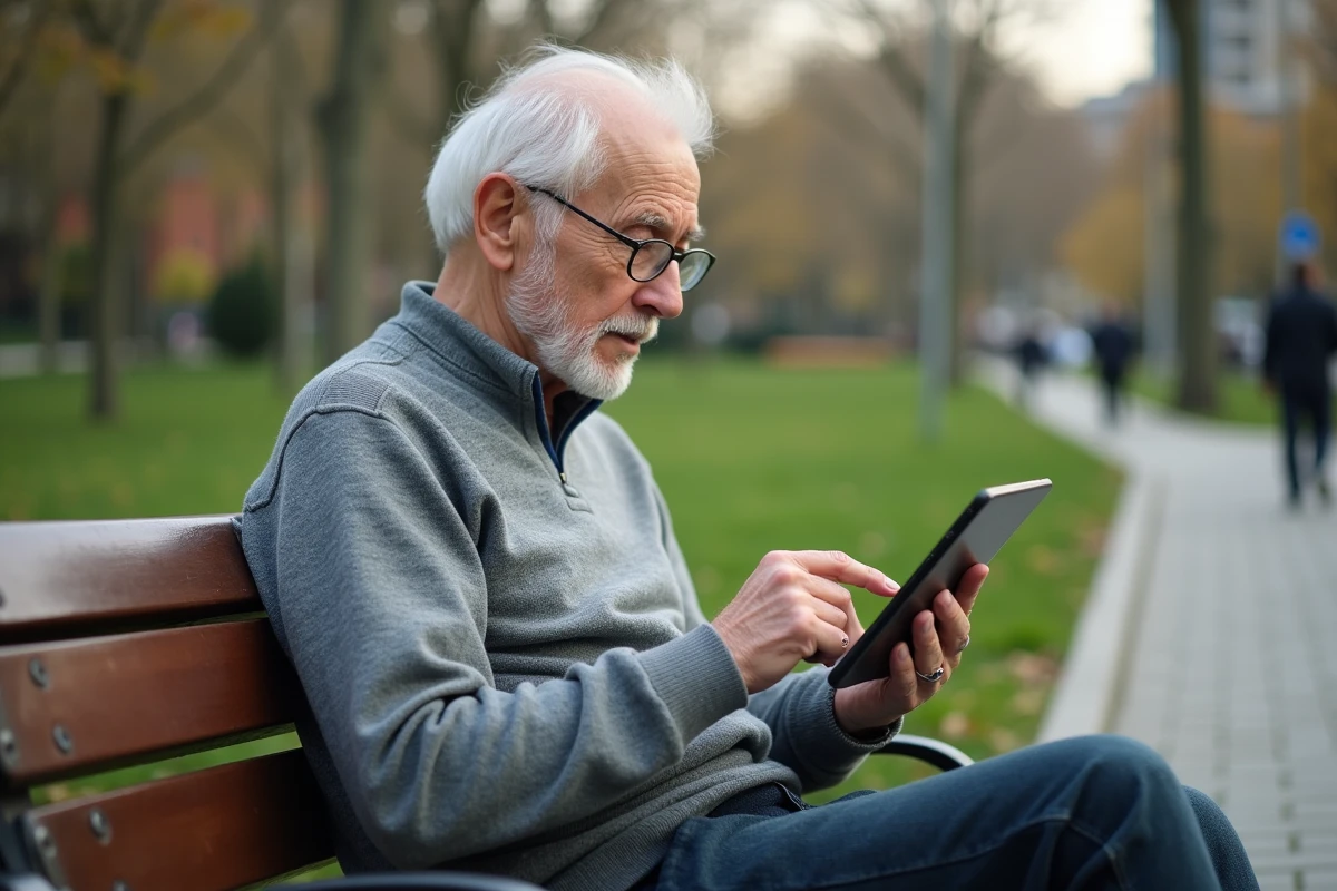 Homme âgé utilisant une tablette dans un parc urbain