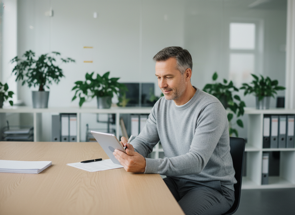 Homme concentré remplissant des formulaires de santé en bureau moderne