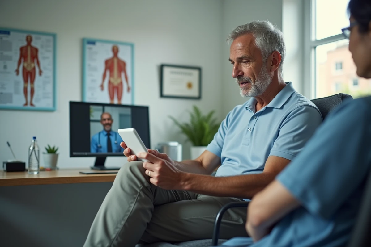 Homme en visioconference avec un physiotherapeute en clinique