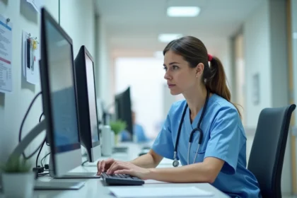 Infirmière configurant un logiciel de soins NETSoins sur un poste informatique dans un établissement de santé