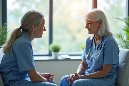 Infirmière attentive parlant avec un patient âgé dans une chambre lumineuse