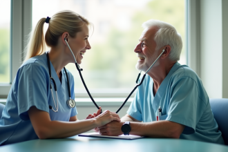 Infirmière attentive écoute un patient souriant avec stethoscope
