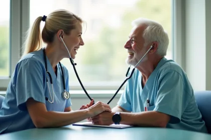 Infirmière attentive écoute un patient souriant avec stethoscope