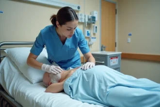 Infirmière examinant la zone sacrée d'un patient âgé pour détecter une escarre fessier en milieu hospitalier
