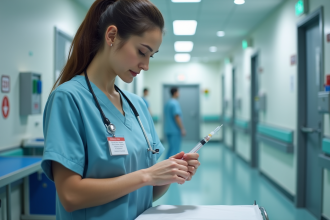 Infirmière en blouse bleue prépare une injection dans un hôpital