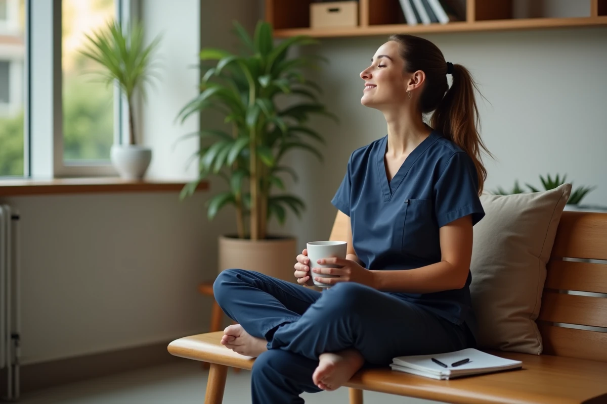 Infirmière qualité en pause bien-être dans la salle de repos d'un hôpital, tenant un mug de café avec une expression apaisée et ressourcée