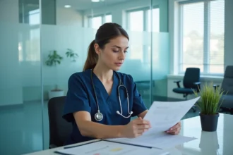 Infirmière qualité assise à son bureau d'hôpital en train de consulter des documents d'audit clinique avec une expression concentrée et sereine