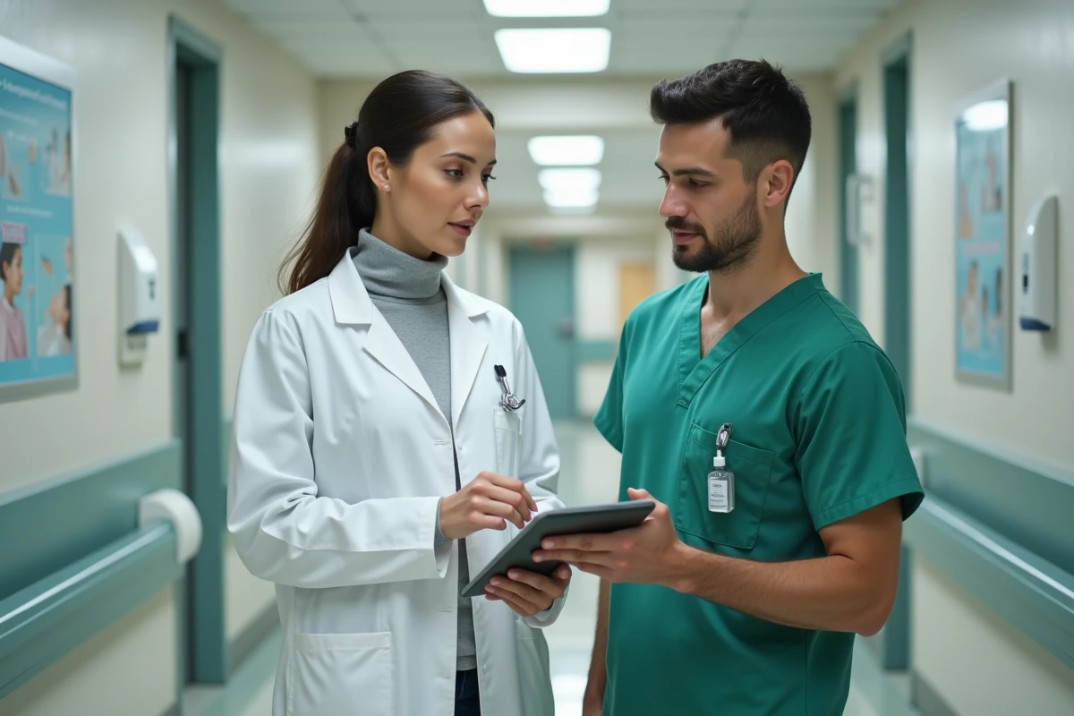 Infirmière qualité en blouse blanche discutant d'une checklist qualité sur tablette avec un collègue dans un couloir d'hôpital moderne