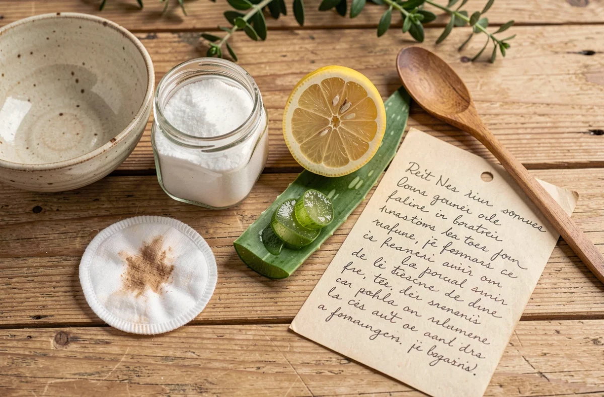 Ingrédients naturels pour traiter les verrues séborrhéiques selon des recettes de grand-mère disposés sur une table en bois