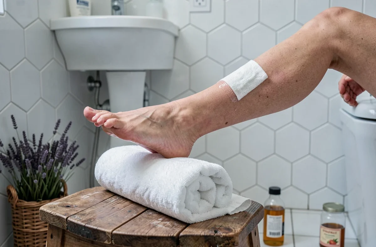 Jambes de femme surélevées avec compresse naturelle pour soulager l'œdème, remède traditionnel maison