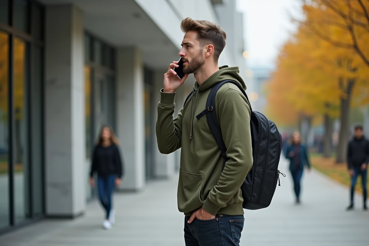 Jeune actif téléphonant à la CPAM devant son université avec un sac à dos