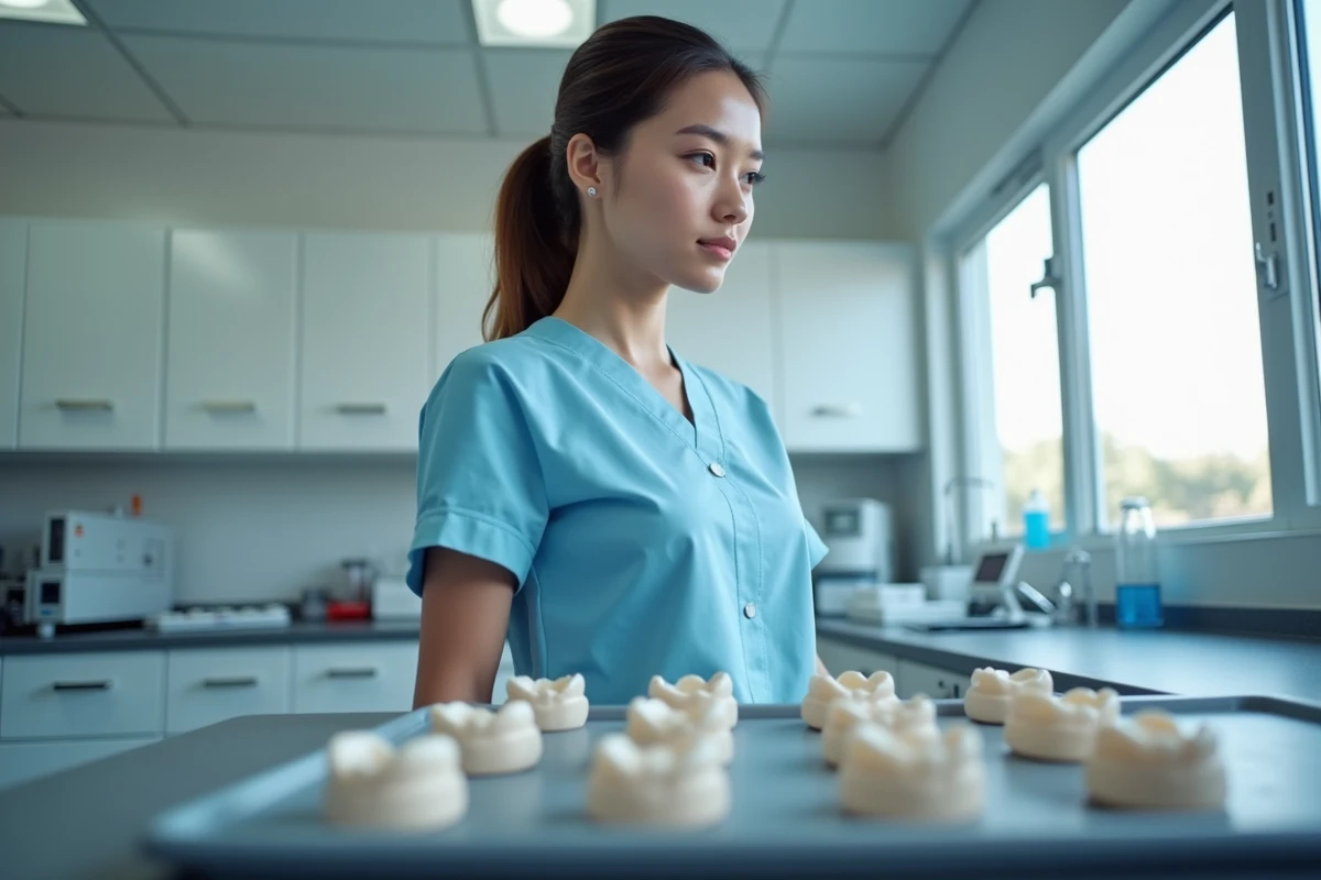 Jeune femme dentiste examinant des protheses en céramique