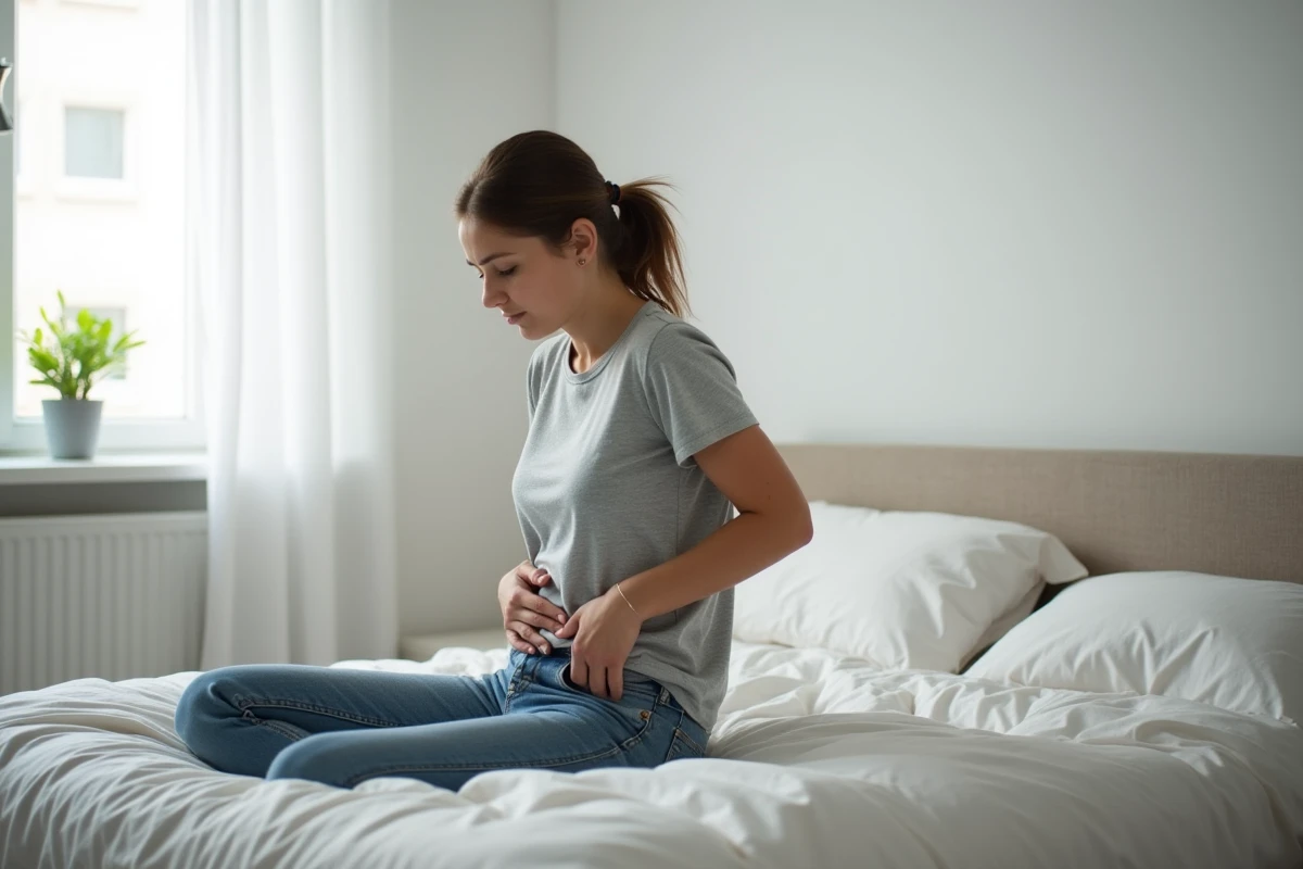 Jeune femme en chambre montrant une douleur au côté
