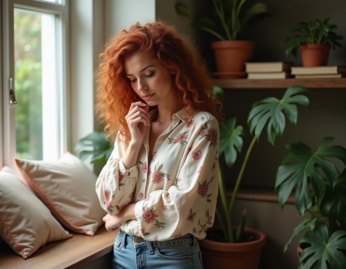 Jeune femme aux cheveux bouclés examinant sa main gauche qui la gratte dans un coin lecture lumineux