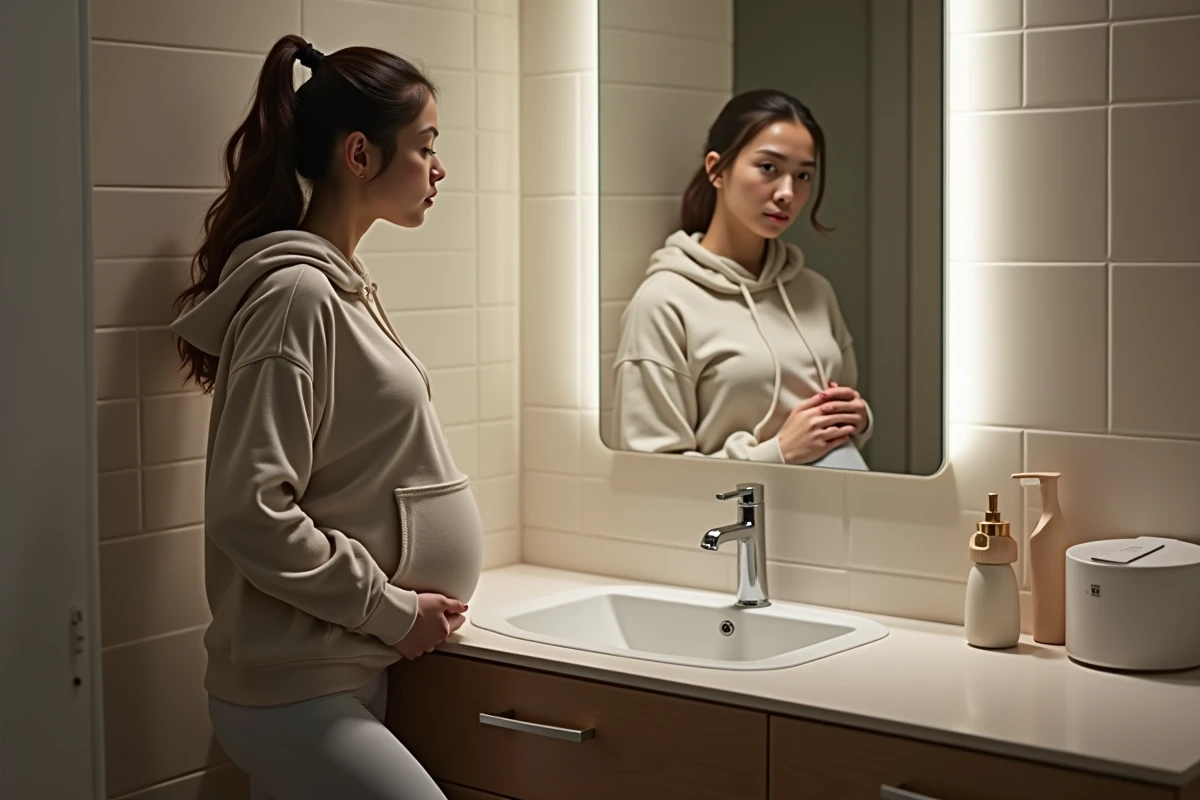 Jeune femme regardant dans le miroir en se touchant le ventre