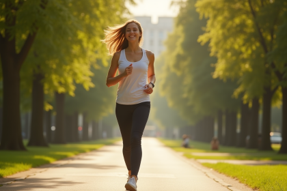 Jeune femme marchant dans un parc urbain en après-midi