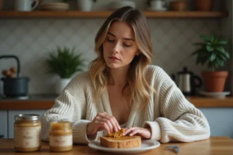 Jeune femme détendue étale du beurre de cacahuète sur du pain complet