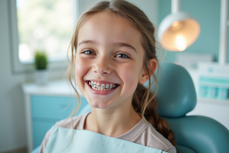 Jeune fille souriante montrant ses appareils dentaires dans un cabinet moderne