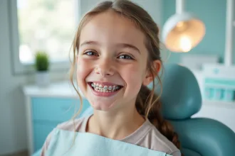 Jeune fille souriante montrant ses appareils dentaires dans un cabinet moderne