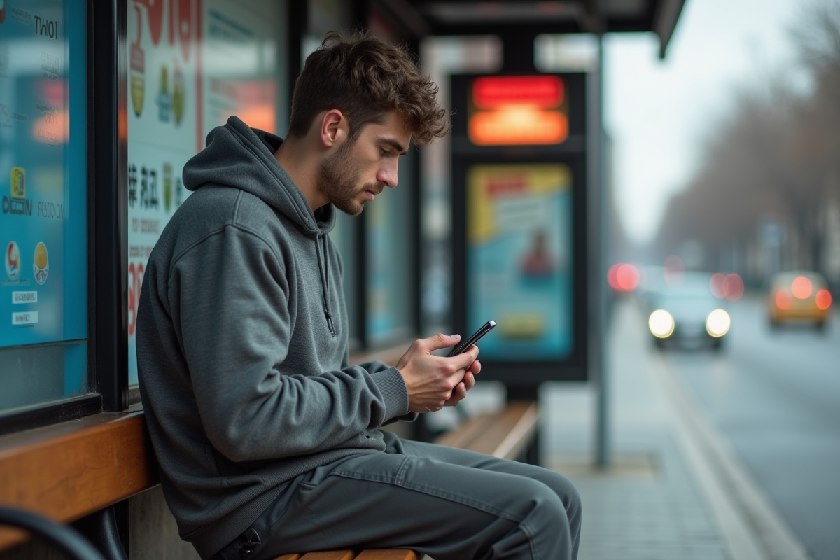 Jeune homme assis à un arrêt de bus avec un smartphone dans la rue
