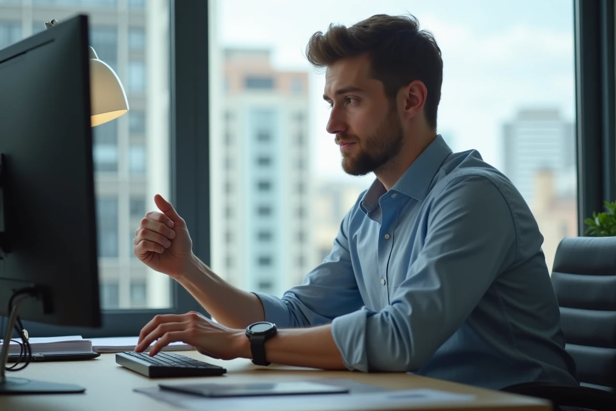 Jeune homme au bureau en train de se masser le poignet