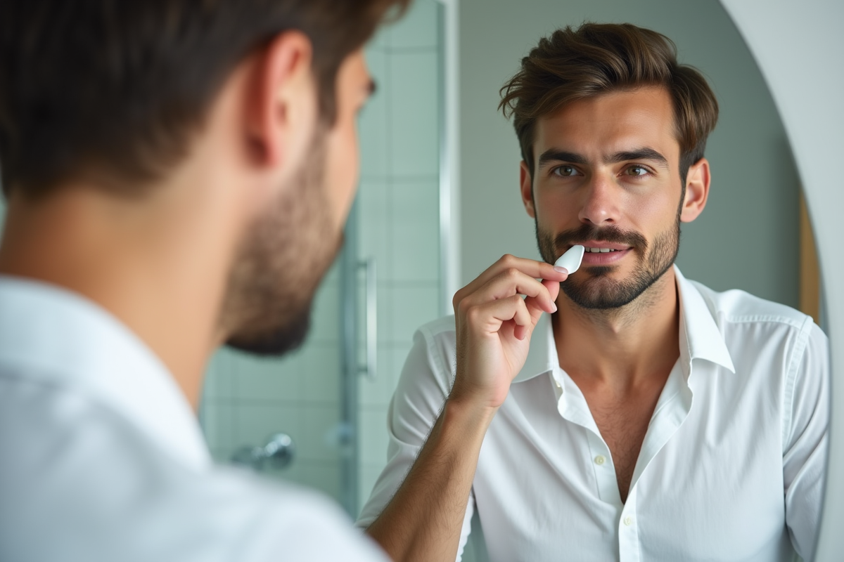 Jeune homme applique une creme sur son cou dans une salle de bain propre