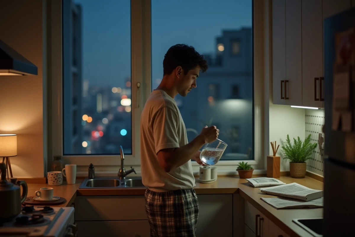 Jeune homme dans la cuisine la nuit en train de boire de l
