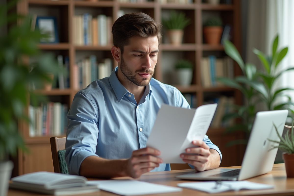 Jeune homme lisant une brochure sur la douleur chronique à la maison