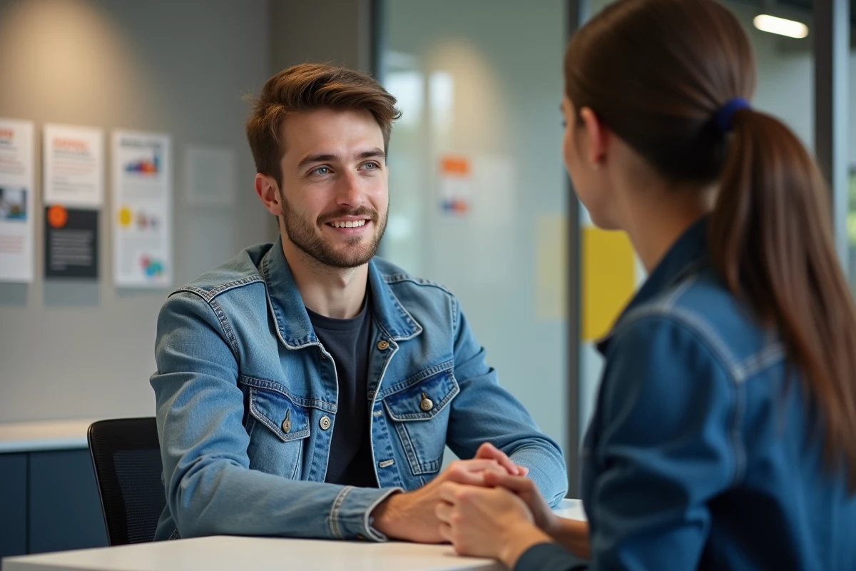 Jeune homme discutant avec une receptionniste au CPAM