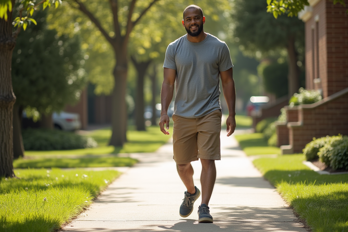 Jeune homme en marche sur un trottoir en banlieue ensoleillee
