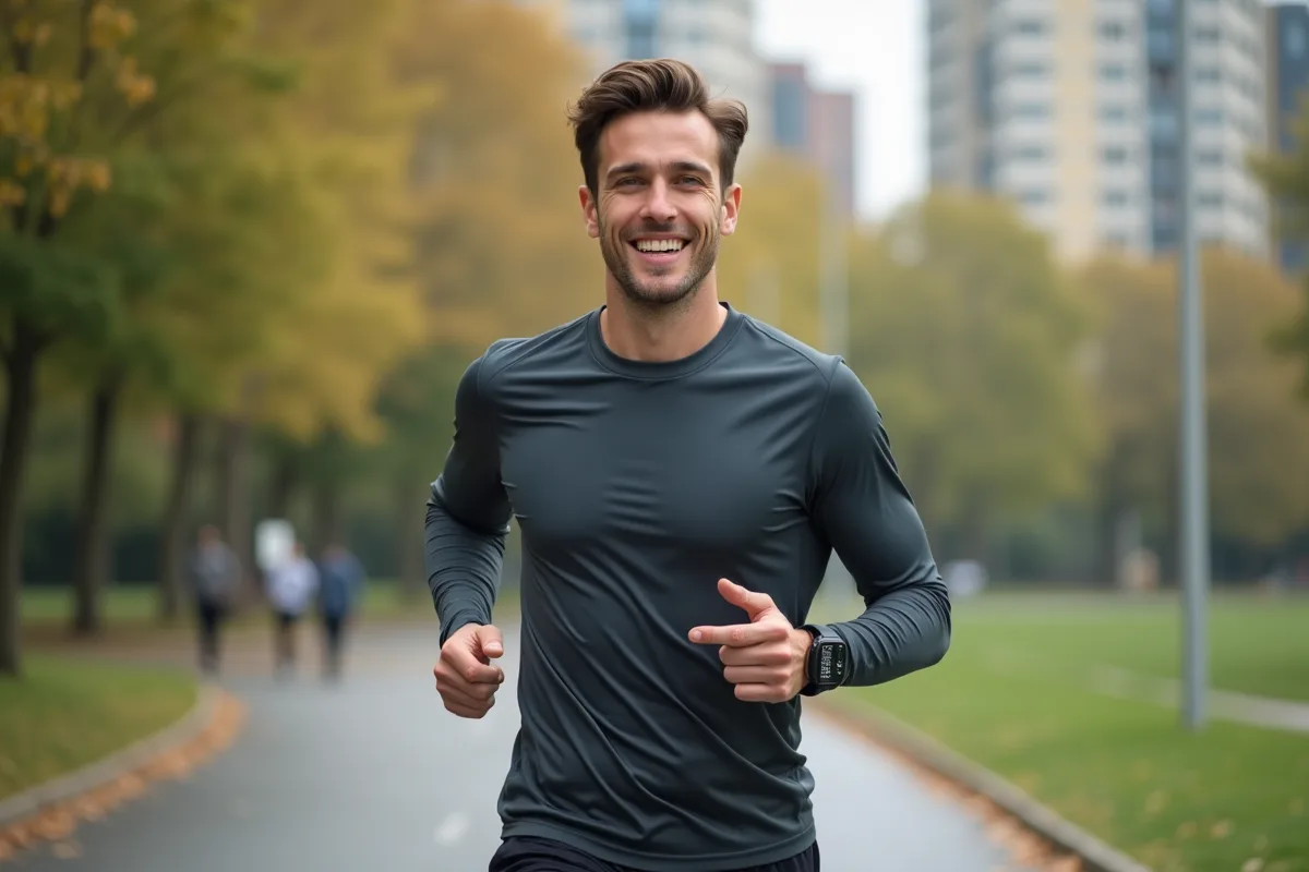 Jeune homme faisant un jogging dans un parc urbain