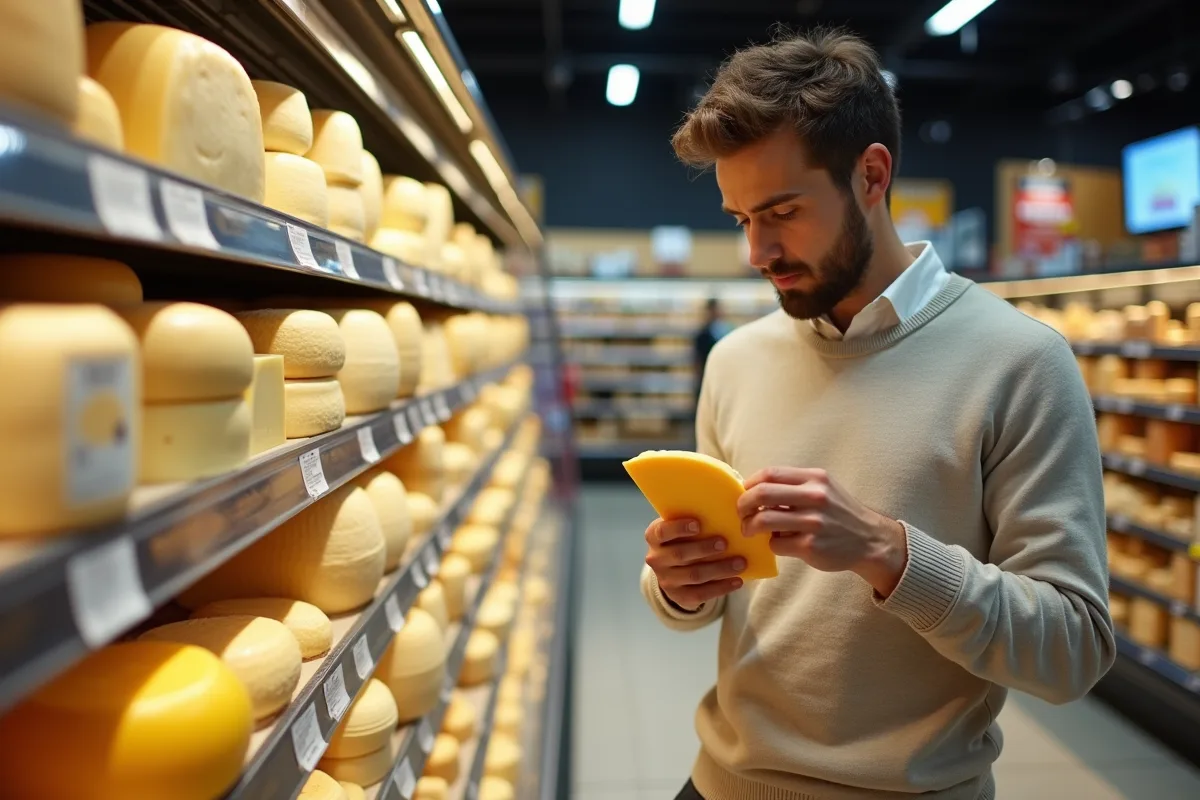 Jeune homme dans un supermarché regardant un emballage de fromage