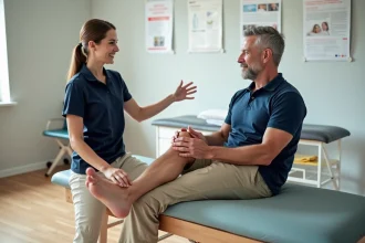 Femme physiotherapeute aidant un homme avec un exercice au cabinet