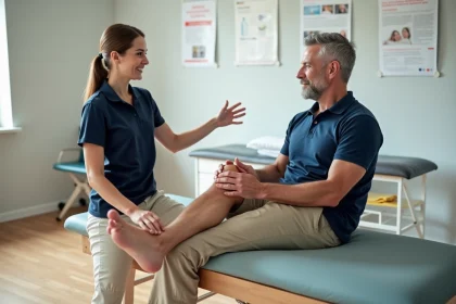 Femme physiotherapeute aidant un homme avec un exercice au cabinet