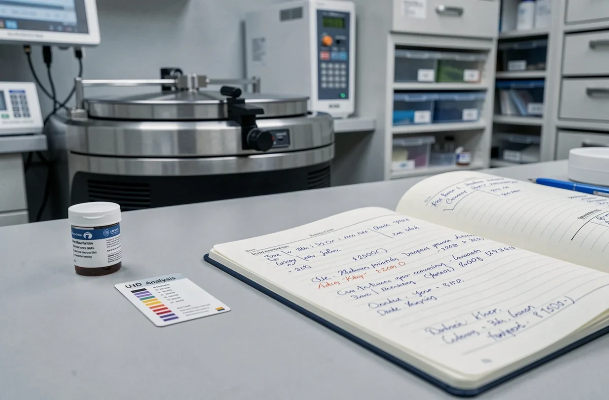 Bandelette urinaire et tube d'analyse en laboratoire hospitalier pour dépistage de la microalbuminurie