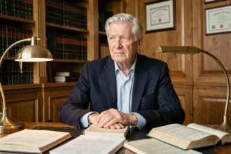 Portrait d'un magistrat français âgé et réfléchi assis à son bureau dans une bibliothèque parisienne, illustrant la maladie et la résilience