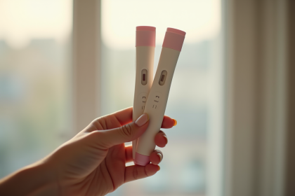 Main d'une femme tenant deux tests de grossesse positifs