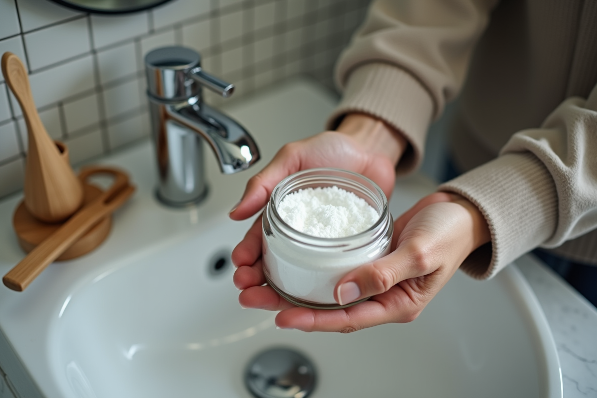 Mains tenant un pot de bicarbonate près du lavabo