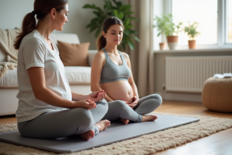 Jeune maman pratiquant des exercices pelviens à la maison