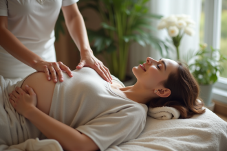 Femme enceinte recevant un massage apaisant à domicile